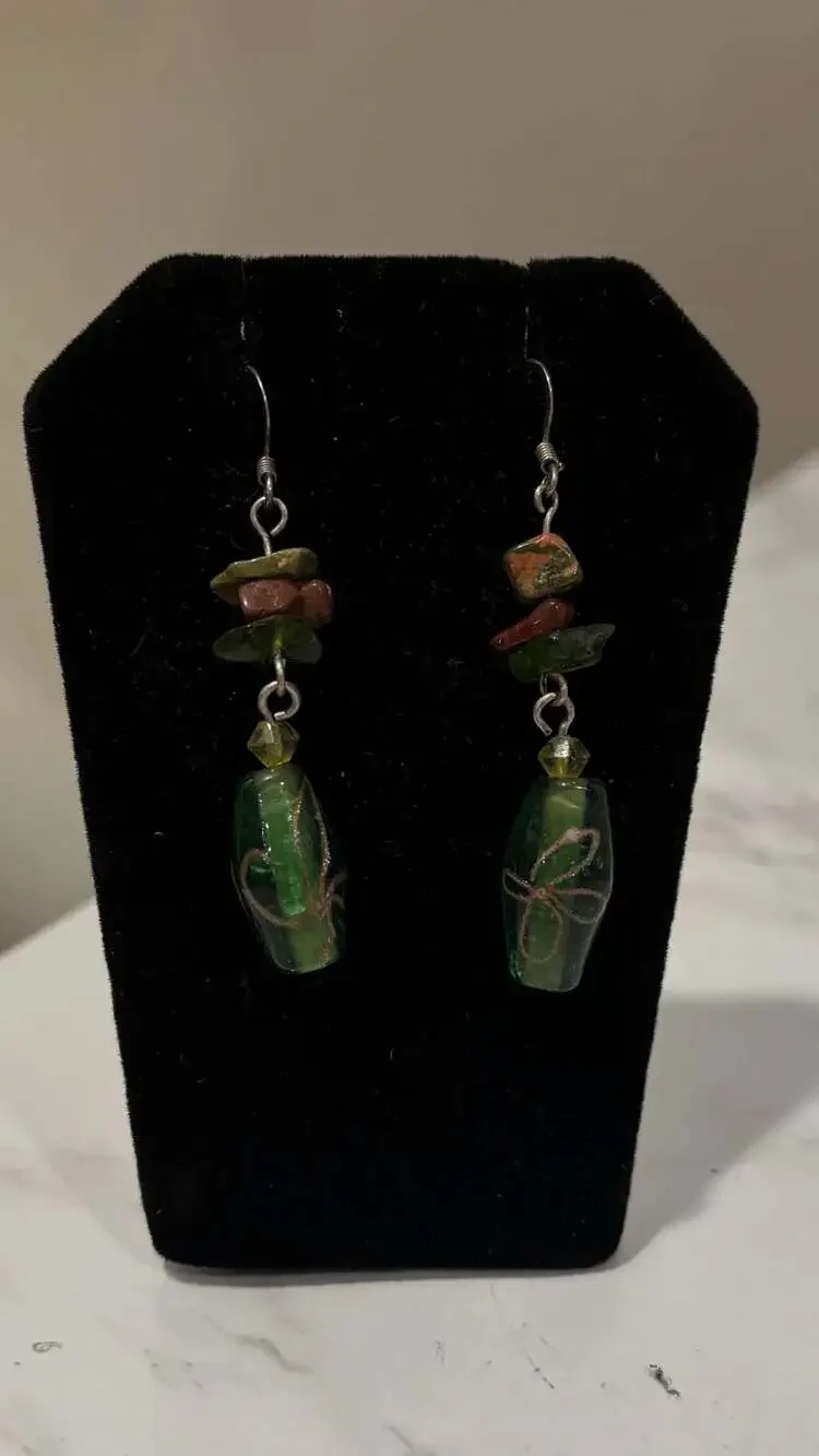 Handcrafted Green Glass Bead Dangle Earrings